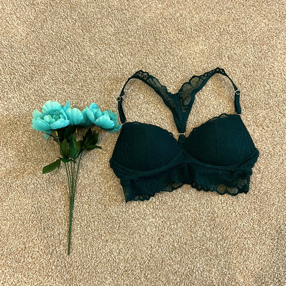 VS PINK Forest Green floral lace racerback push up bra
